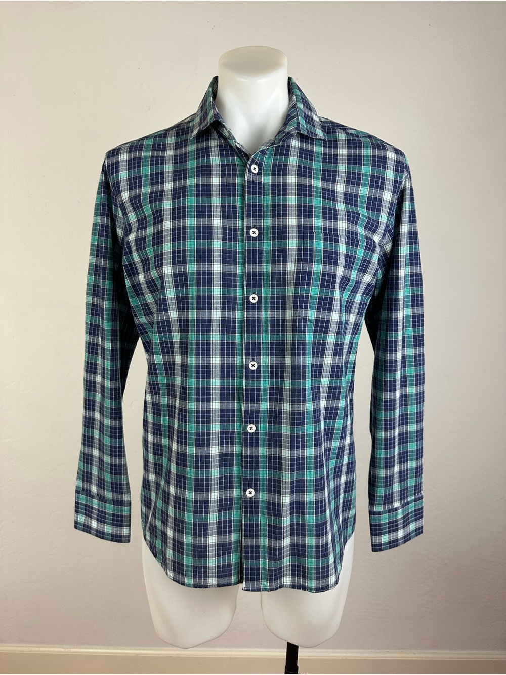 Billy Reid Soft Cutaway Collar Navy and Teal Plaid Button-Down Shirt